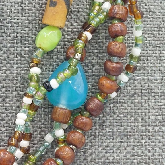 Multi Strand Necklace Colorful Green Brown Wood Glass Plastic Beaded Beads Boho - Picture 5 of 9